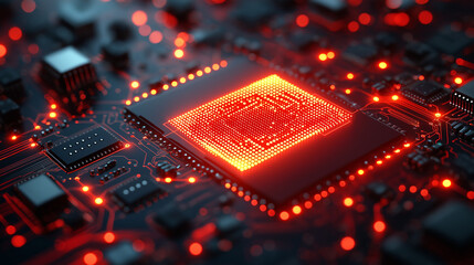 Integrated circuit layout glowing with data flow lines and nano-patterned traces