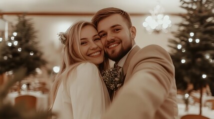 Romantic Couple Selfie Christmas Tree Lights Festive Wedding