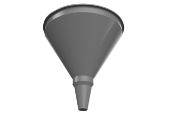 Industrial dark gray plastic fluid transfer device, isolated high-definition 3D rendering of a conical funnel suitable for automotive maintenance and chemical pouring, clean cut-out PNG asset.