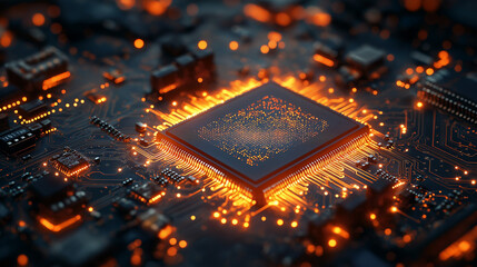 Integrated circuit layout glowing with data flow lines and nano-patterned traces