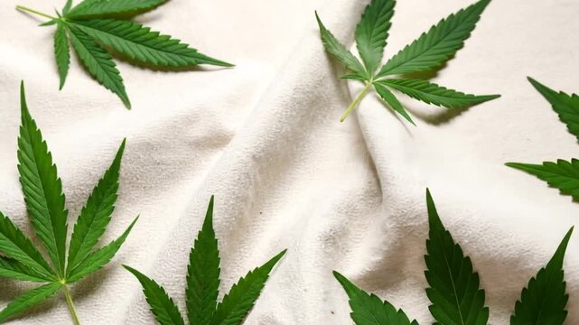 Green cannabis leaves on soft cloth