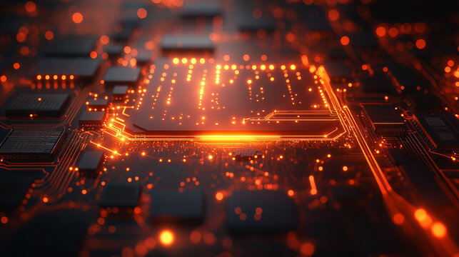 Integrated circuit layout glowing with data flow lines and nano-patterned traces