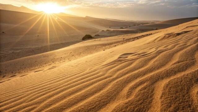 Golden desert sand dunes with sun rays and rippled texture background