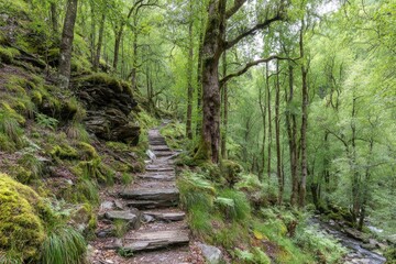Forest path with stone steps. Lush green trees and moss-covered rocks