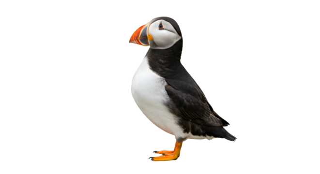 A single atlantic puffin standing with a black background looking to the left of the frame isolated on white background