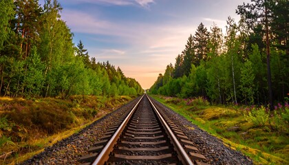 Forest railway track at sunset