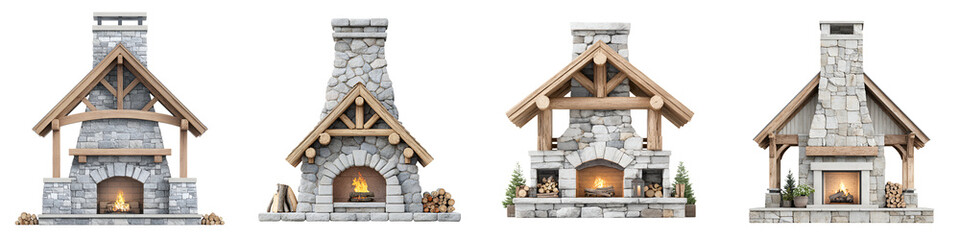 Fototapeta premium Outdoor Stone Fireplace Collection with Wooden Mantle and Stone Chimney