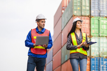Logistics Engineers Collaborating at a Shipping Container Yard, Professional Port Workers Managing International Freight, Team of Industrial Workers Planning Supply Chain Operations