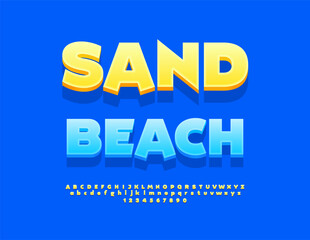 Vector Holiday flyer Sand Beach. Summer Yellow Font. Sunny 3D Alphabet Letters and Numbers set.