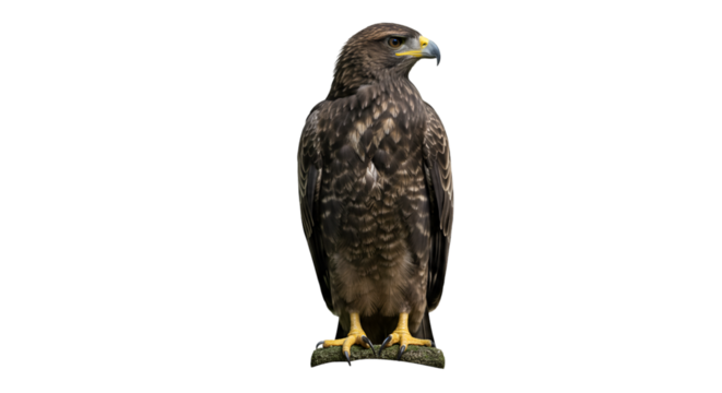A majestic eagle perched on a branch against a dark background looking to the right side view shot isolated on white background