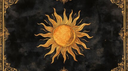 Tarot card layout with a sun motif.