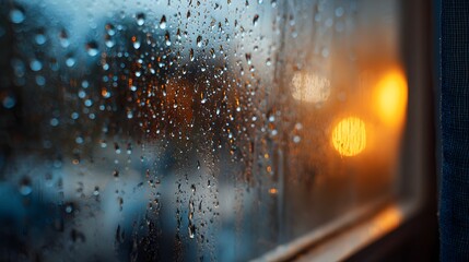 Raindrops on window glass with warm evening lights.