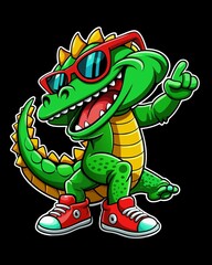 Cool Crocodile Cartoon Mascot:  Happy, Trendy,  Gesturing,  Wearing Sunglasses and Sneakers.