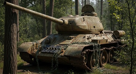 Abandoned T-34 Tank in Forest, Rusty and Covered in Vines, Military Relic