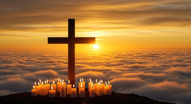 Wooden Cross with Burning Candles Above Clouds at Sunrise – Spiritual Symbol for All Saints’ Day and Christian Remembrance - Powered by Adobe
