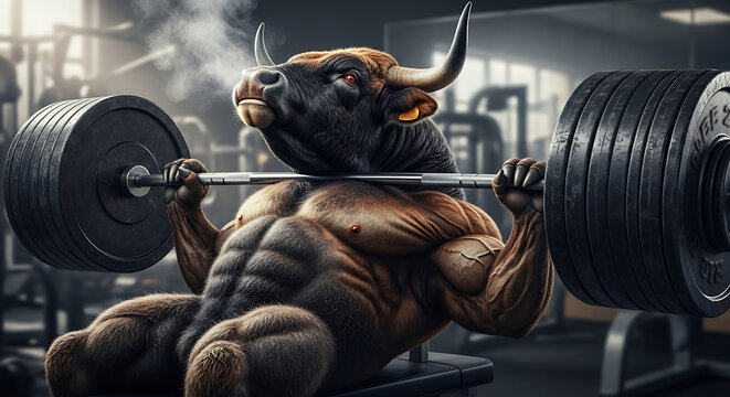Powerful bull character intensely lifting heavy weights in a modern gym, symbolizing strength and determination