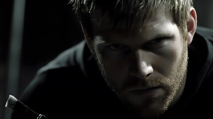 Intense Closeup Portrait Man Dramatic Lighting Dark Moody Mysterious Artist