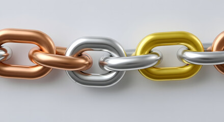 Obraz premium Copper, silver, and gold chain links on white background