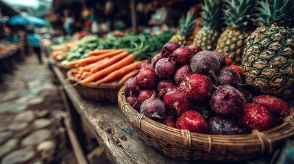 Outdoor market stall on sunny day with colorful fruits and vegetables