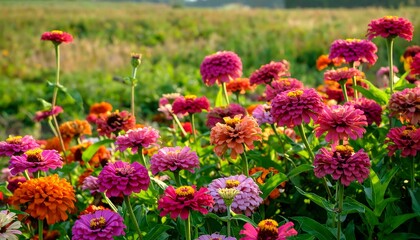 Colorful zinnia flowers in a field