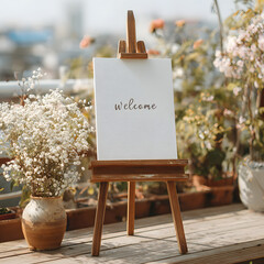 A blank white welcome sign mockup, size is 24 by 36 nches in portrait orientaton, on an easel during a wdding party.
