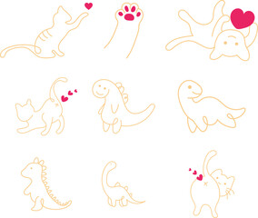 Minimalist Cute Line Art Animals and Characters. Collection of minimalist doodle line art animals, cats, ghosts, and cute characters with hearts. Perfect for stickers, cards, prints and digital design