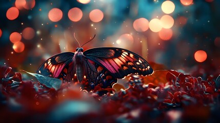 Vibrant Butterfly on Red Flowers with Bokeh Lights