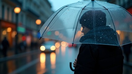 Rainy City Street with Woman with Umbrella.
