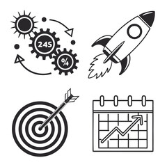 Business Icons: Growth, Target, Rocket, and Gears Vector Set.

