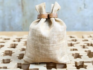 Beige Linen Sack on Wooden Puzzle Background