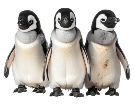 Three Cute Penguins Standing Side by Side, isolated on transparent background PNG