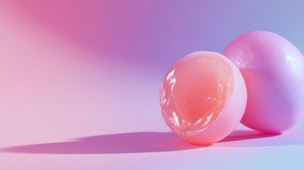 Two pink spherical objects one halved revealing translucent jelly interior on a pastel gradient background with shadow