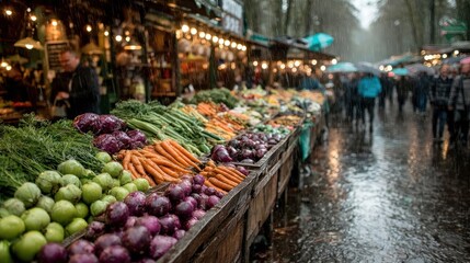 Rainy outdoor market selling produce with people shopping