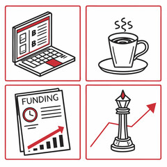 Business strategy icons: laptop, coffee, funding, and strategic planning for growth.

