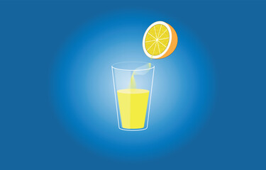 glass of orange juice with orange on blue background