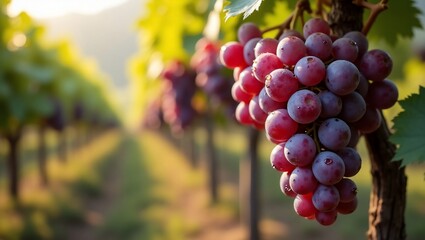 Red Grapes on Vine with Vineyard Sunset.