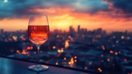 Wine glass at sunset cityscape