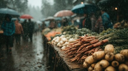 Rainy outdoor market selling produce with people shopping