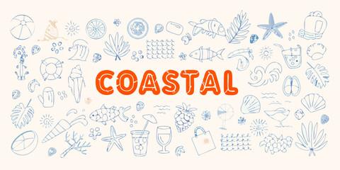 Whimsical coastal doodle collection featuring the word coastal in orange