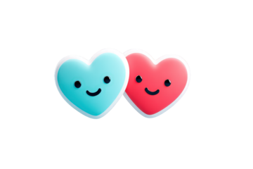 Cute Blue and Red Heart Shapes with Smiling Faces on Transparent Background