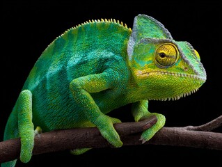 Obraz premium Close-fitting - up of a vibrant green chameleon perched on a branch , showcasing its textured skin and captivating eyes .