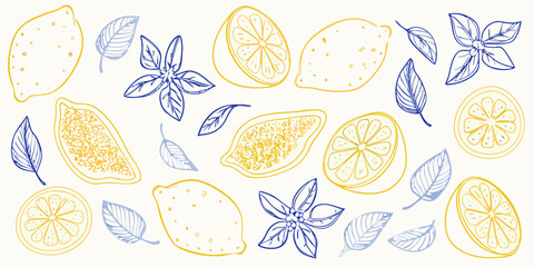 Hand drawn yellow lemons and blue leaves pattern on a white background