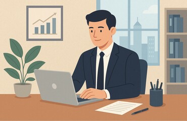 Fototapeta premium Businessman Working on Laptop in Modern Office Illustration