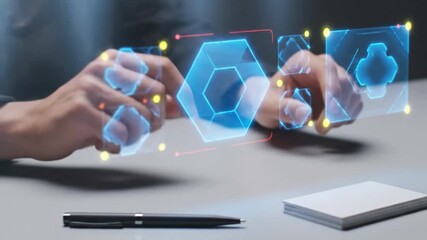 Businessman holding digital tablet with social network icons and technology interface - Powered by Adobe