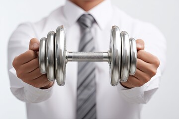 Businessman holds dumbbell (1)