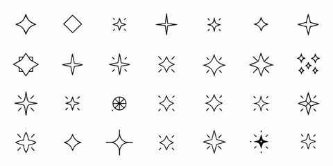 Collection of simple line art starburst and sparkle icons on a white background