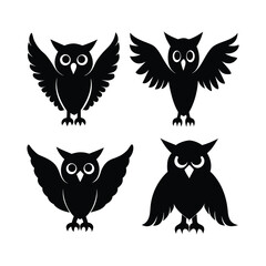 Collection of four distinct black owl vector designs, perfect for nature, wisdom, or nocturnal themes