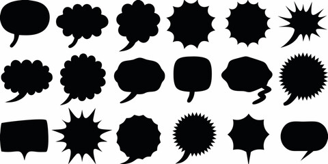 Collection of diverse black speech bubbles and thought bubbles silhouettes on white background