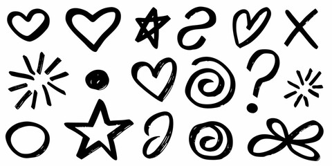 Collection of hand drawn black doodle icons including hearts stars circles question marks swirls and more