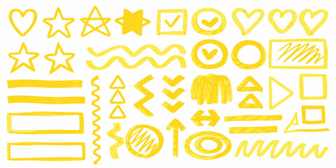 Collection of hand drawn yellow watercolor shapes and symbols on a white background